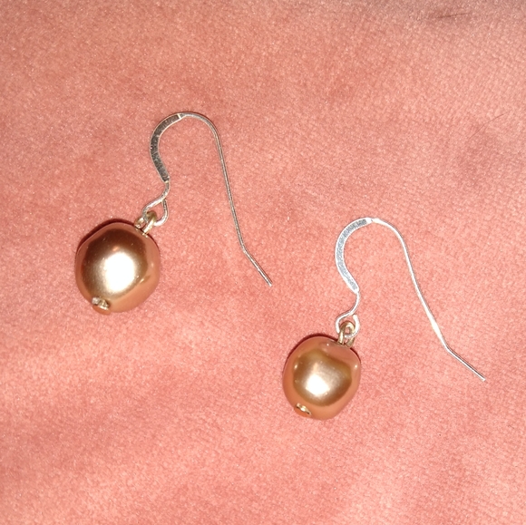 Solid 925 Champagne Honey Pearls Sterling Silver Wires Pearl Charm Earrings - Picture 3 of 5